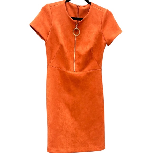 Calvin Klein Faux Suede Dress Burnt Orange Size 4 Gold Zip Circle Pull Accent - Picture 2 of 9